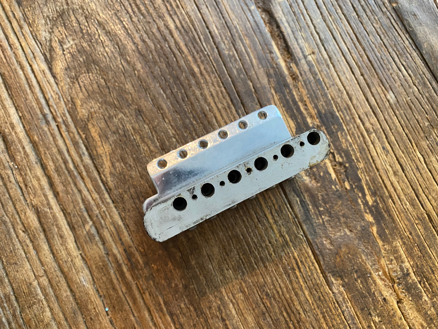 Stratocaster Style Tremolo Bridge | Chrome w/ Black Saddles, 2-7/32 Screw Spacing, 2-1/4 Screw Spacing