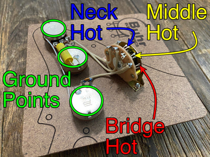Stratocaster Standard Wiring Kit | Bourns Low-Friction 250 kΩ Audio Taper Potentiometers, Mallory 150 Capacitor